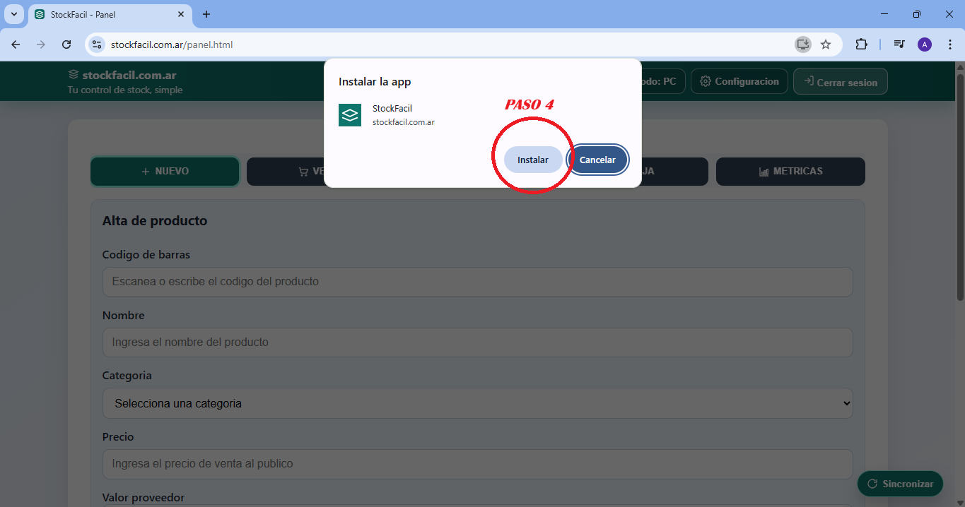 Paso 2 confirmar instalacion de StockFacil